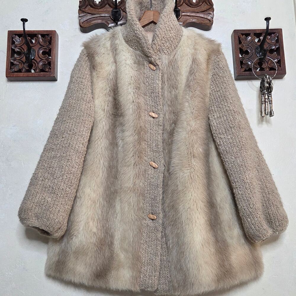VTG 70s D'Esprit Dubrowsky & Perlbinder Toggle Faux Fur Chunky Knit Coat✨️14/XL